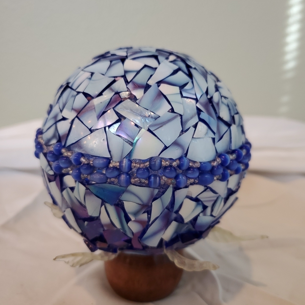 Mosaic Glass Art Sphere - Blue and White, Lights Up
